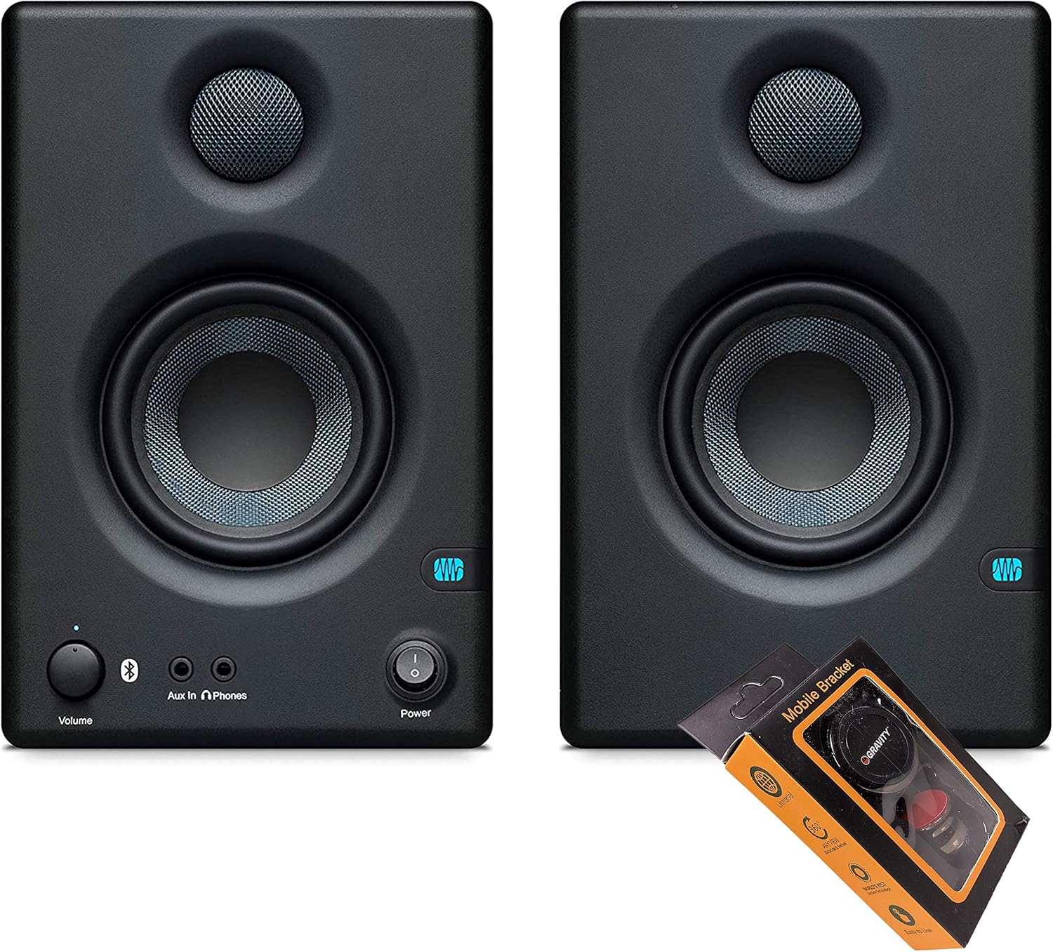 PreSonus Eris E3.5 BT-3.5-Inches Near Field Studio Monitors / 50 Watts (25W Side) Class AB Amplification Bluetooth 5.0 Stereo Input + Gravity Magnet Mobile Phone Holder