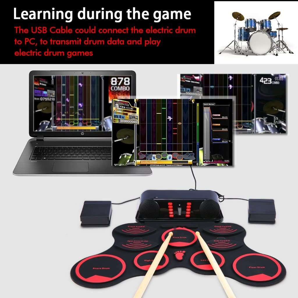 Portable Electronic Drum Set Digital Foldable MIDI Kit 9 Silicon Durm Pads Built-in Stereo Speakers (Color : As Shown, Size : One Size)