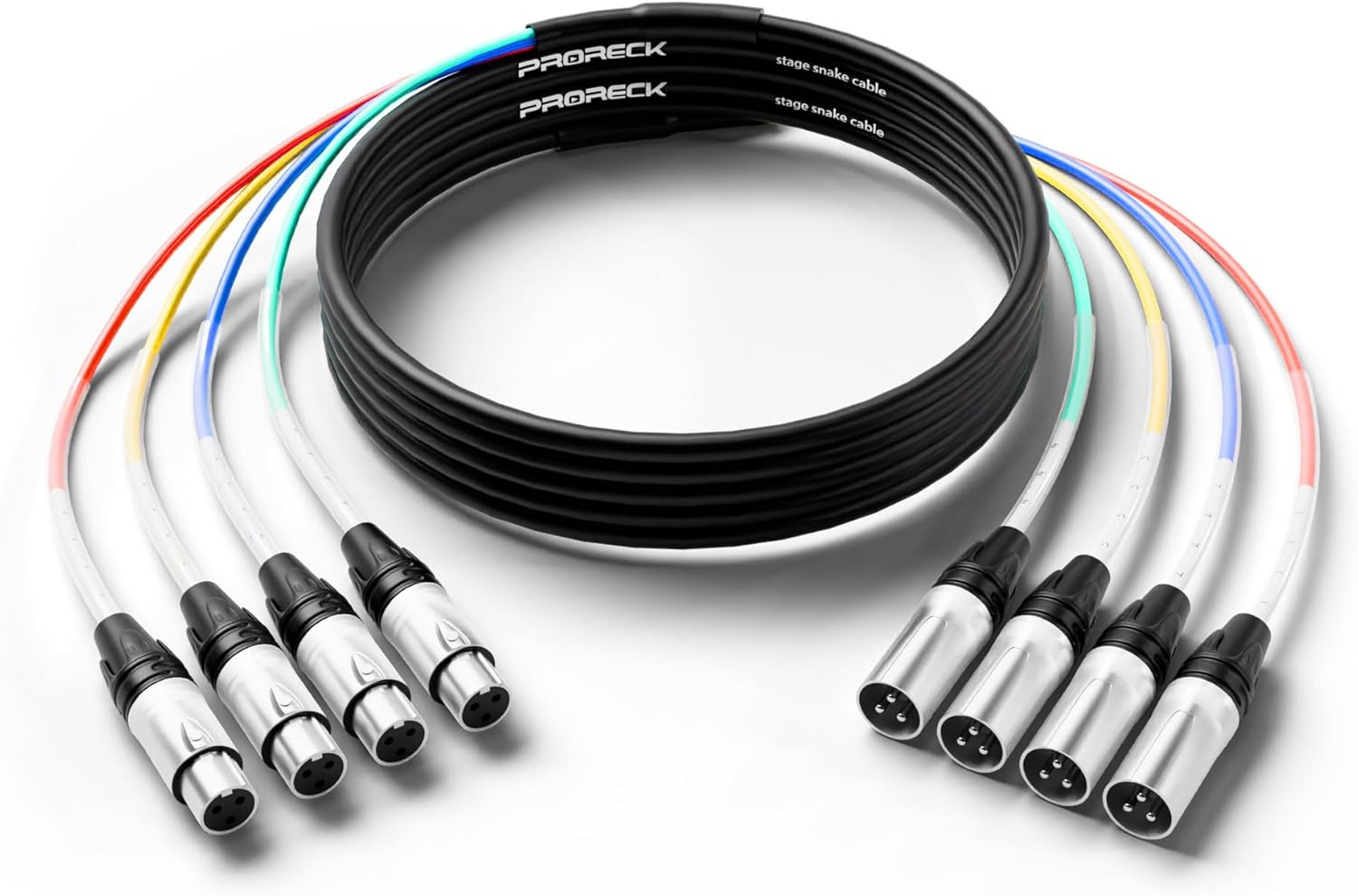 PRORECK MX44 4-Channel UHF Wireless Microphone System with 20ft Snake Cable, 4-Channel Shielded Audio Cable XLR Male to XLR Female, with Color-Marked Connectors