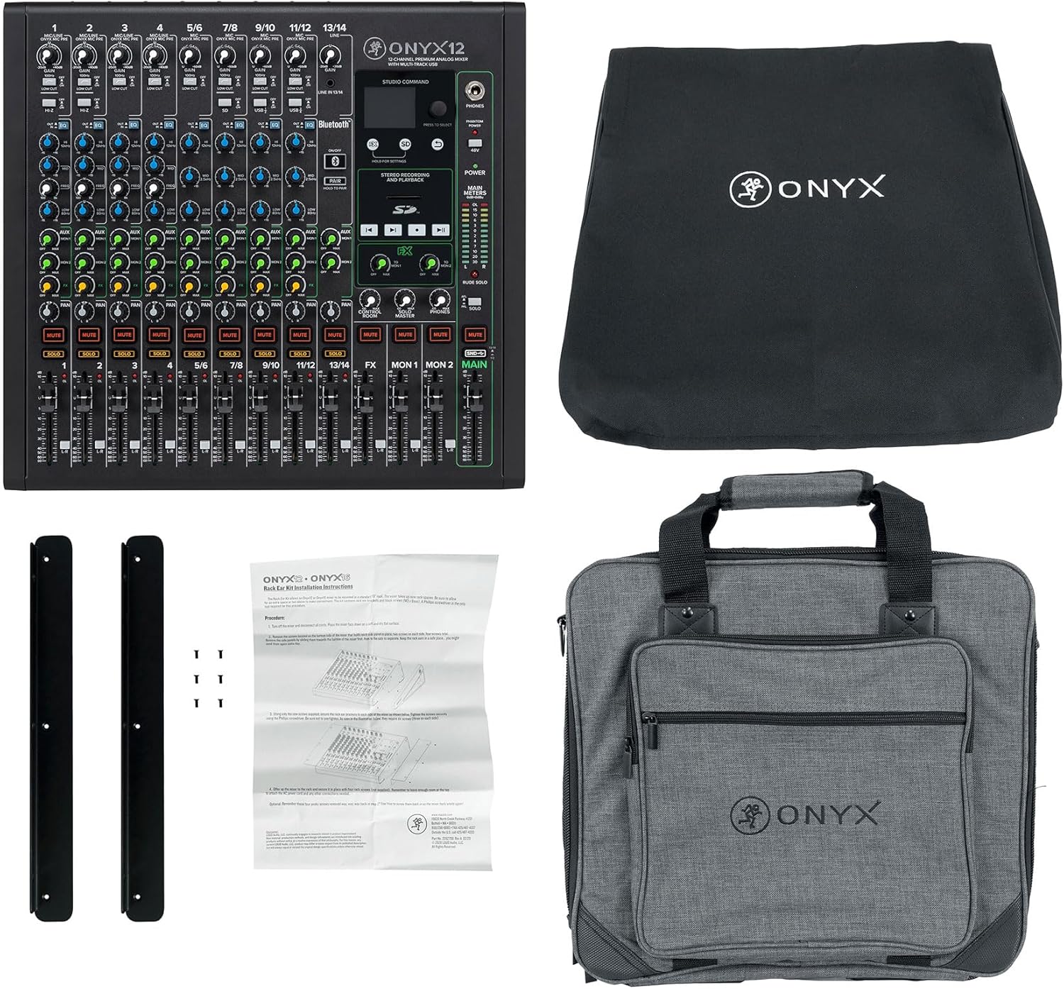 Audiosavings Bundle: Mackie ONYX12 12-Channel Analog Mixer w/Multi-Track USB/3-Band EQ+Bluetooth Bundle with Mackie Onyx12 Carry Bag + Mackie Onyx12 Rack Ear Kit + Mackie Onyx12 Dust Cover (4 Items)
