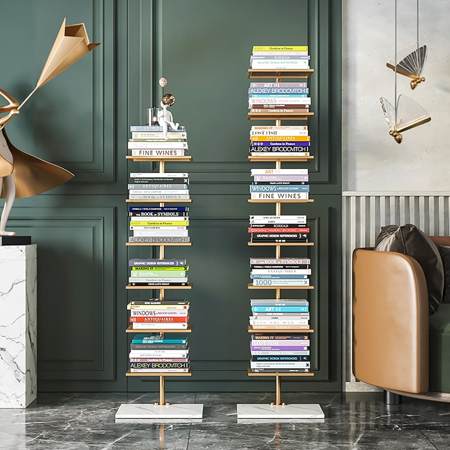 Metal Spine Bookshelf Tower, Modern Open Vertical Bookcase, Invisible Floating Storage Rack, Narrow Floor Standing Organizer, Display Shelf for Small Space(Gold,150cm/59in)