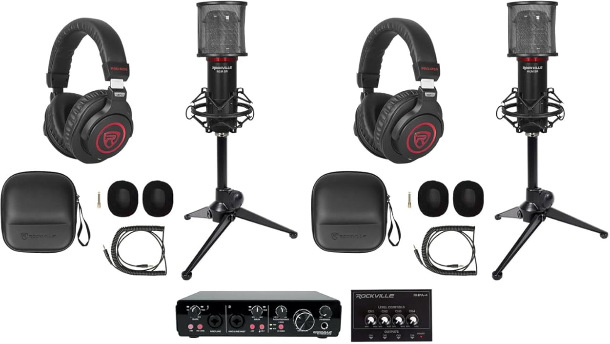 Rockville R-TRACK 2x2 Bundle: USB audio interface 24 Bit 192 kHz, (2) RCM SR condenser microphones, (2) PRO-M50 headphones, (2) RDTS mic stands, RHPA4 4-ch headphone amplifier, TRS cable, 9-items