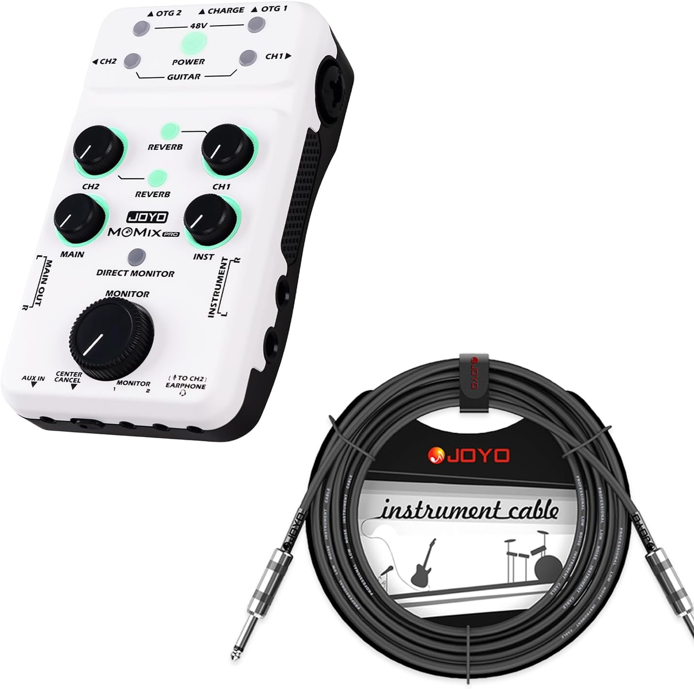 JOYO MOMIX PRO Audio Interface Stereo XLR 48V Phantom Power Mixer and CM-04 15 feet Professional Audio Instrument Cable 1/4 Inch