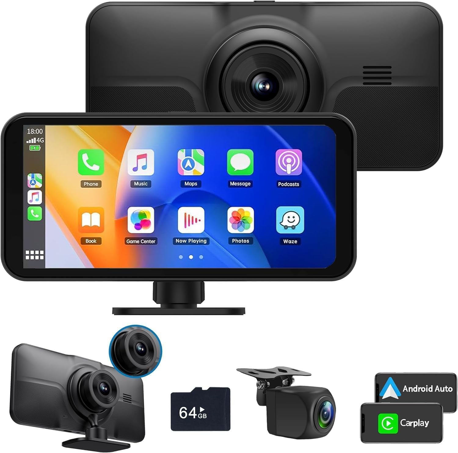Wireless Car Play Screen with 4K Dashcam, 6.25 Inch Compatible with Apple Carplay/Android Auto, Carplay Screen for Car with 1080P Backup Camera,GPS Navigation/Mirror Link/Voice Control/Bluetooth