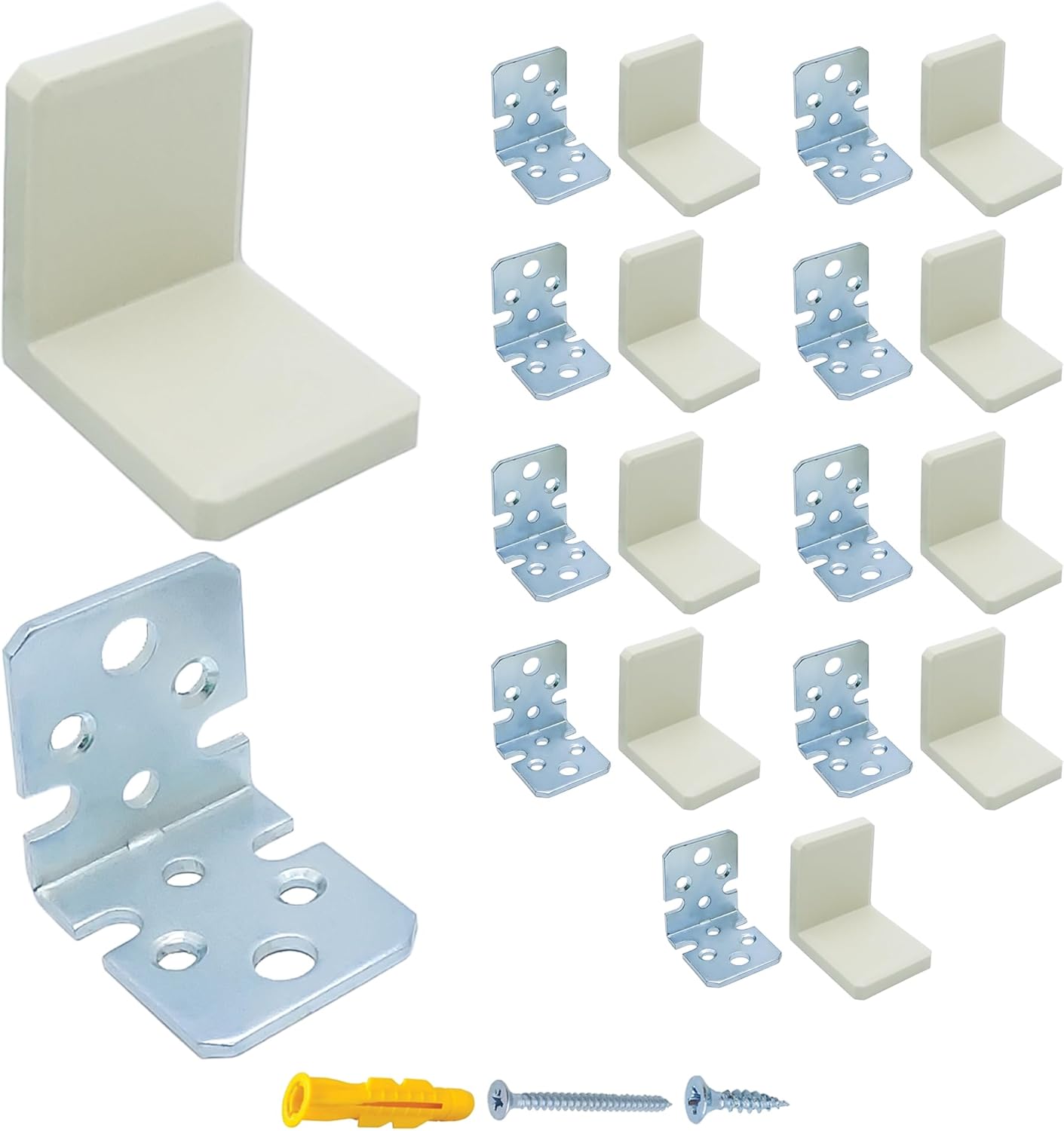 MR BRACKET L Bracket, Cream Shelf Brackets Pack of 100, Heavy Duty Cabinet Hanging Brackets, Plastic Cover Metal Brackets for Shelves, Stainless Steel Corner Brace, Furniture Anchors for Baby Proofing