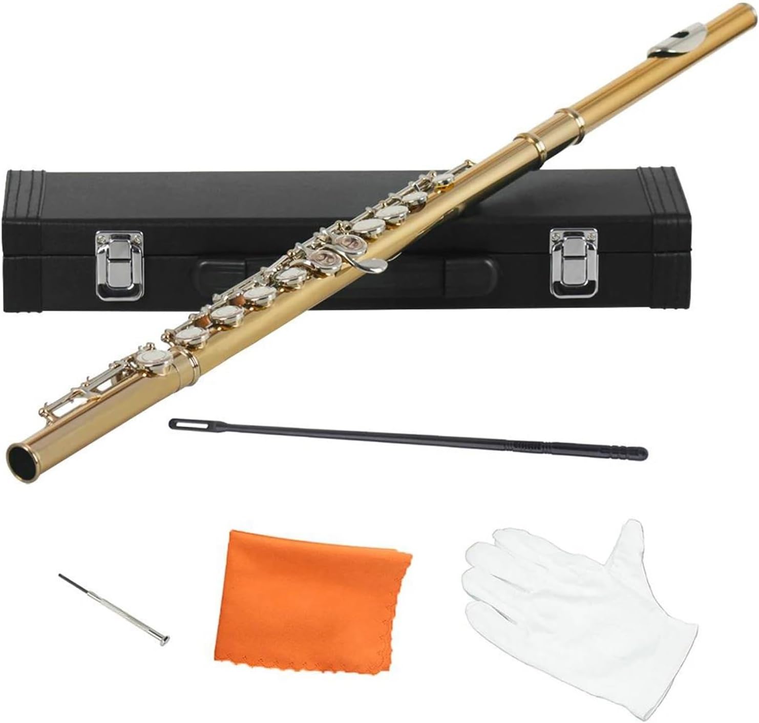 Professional Flute Instrument 16 Hole C Key Flute Nickel Plated Brass Pink Playing Woodwind Instrument(Golden Silver)