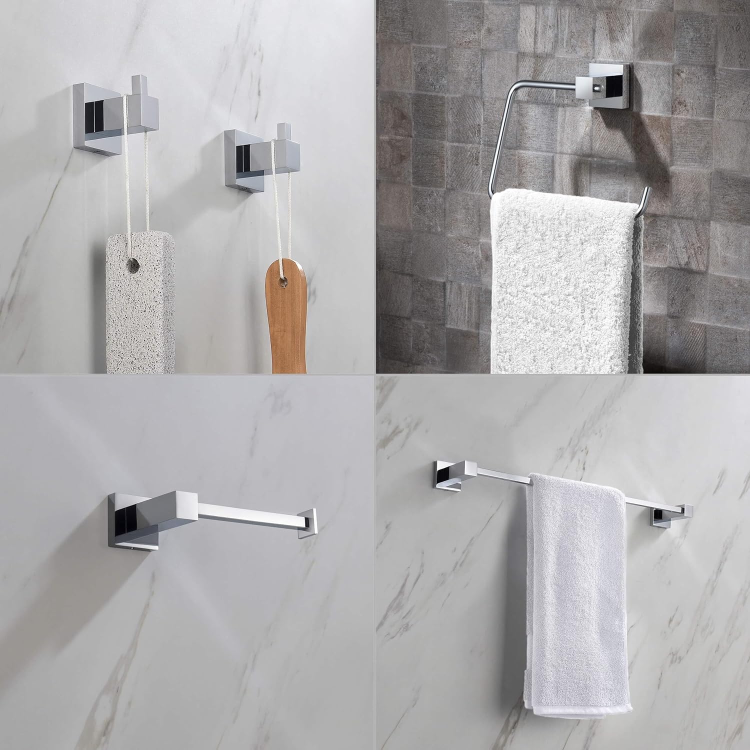 KIBI Cube 5-Piece Brushed Nickel Bathroom Hardware Set, Solid Brass Wall Mount Toilet Paper Holder & Towel Bar Set | Includes 18
