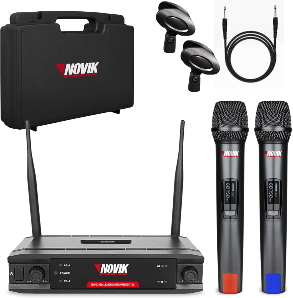 NOVIK NEO Wireless Microphone System for Singing UNK-330, Handheld Cordless Mic for Speaking, djs Set, Home Karaoke, Vocals- Dual System with 2 Dynamic Mics - Receiver Selectable Frequencies
