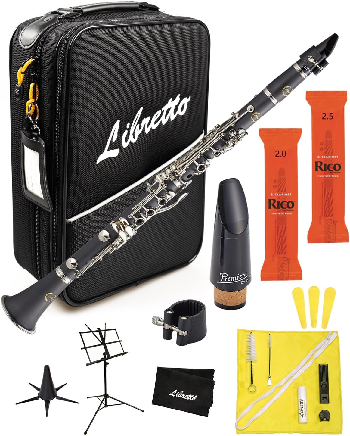 Libretto Bb Clarinet Set for Beginner and Intermediate Players, Name-Brand Mouthpiece & Reeds, Music Stand, Cleaning Kit, Instructions, Backpack Case, 5-Leg Stand, Educator-Recommended