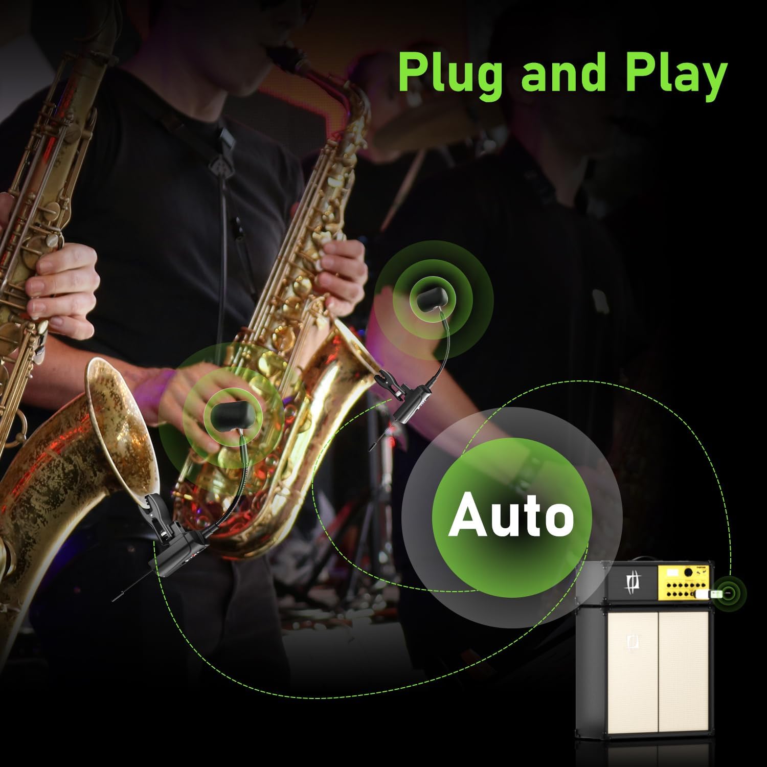 Dual UHF Saxophone Wireless Sax Microphone Instrument UHF Condenser Pick Up Clip-on Mic 1 Receiver and 2 Transmitter System for Saxophone French Horn Trumpet Trumbone,Q2/ST-5
