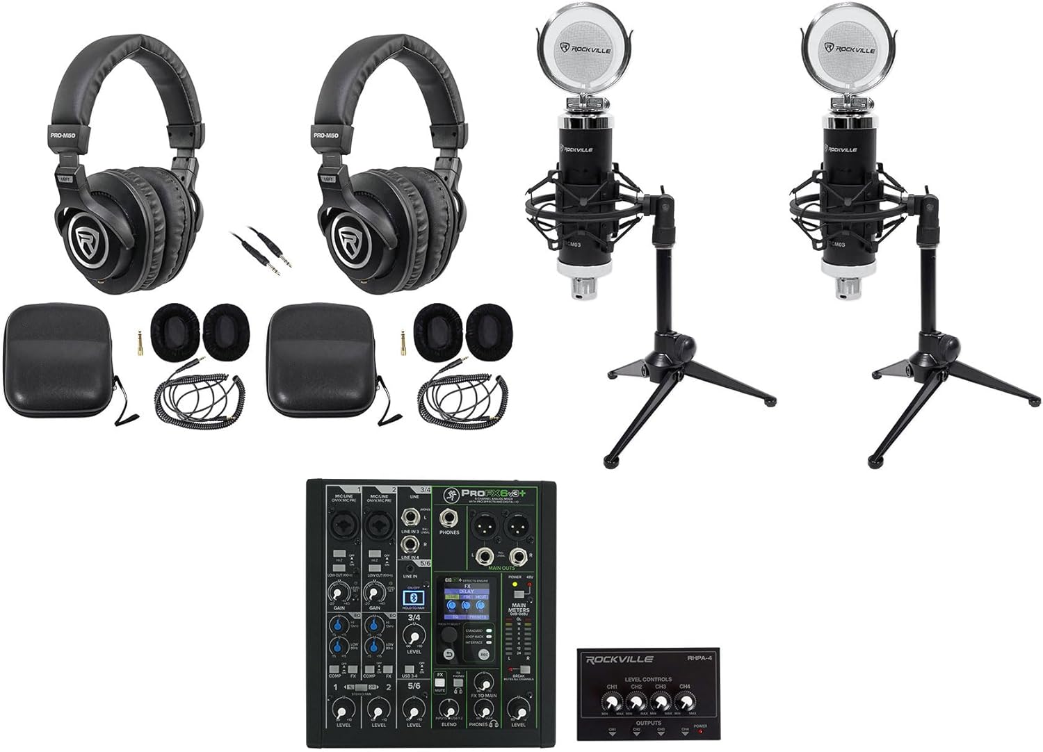 Audiosavings Bundle:(1) Mackie ProFX6v3+ Analog Mixer Bundle With (2) Rockville PRO-M50 Headphones & (2) Rockville RCM03 Microphone, (1) Rockville RCTR106B Cable, (2) RDTS Stand, (1) RHPA4 Amp