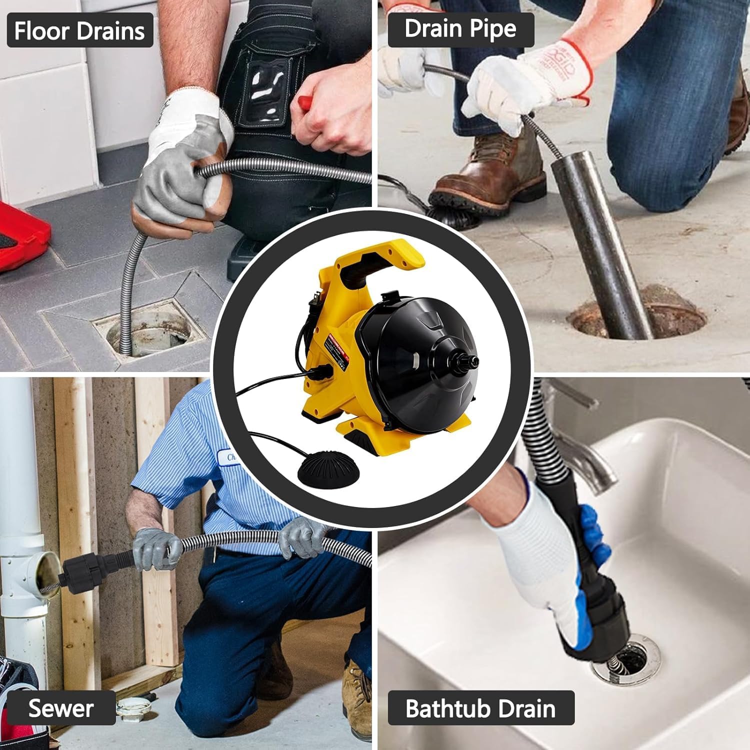 Electric Drain Cleaner Machine 30Ft - Auto-feed with foot switch and directional rocker, efficient for 3/4-2in pipes, 30ft anti-twist piano wire cable, lightweight closed drum, dual hoses