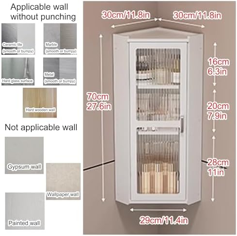 Small Corner Medicine Cabinet, Bathroom Cabinet Wall Mount with Glass Doors, Bathroom Wall Cabinet Over The Toilet, Compact Hanging Cabinet for Bathroom Kitchen Laundry Room Dormitories(Tran