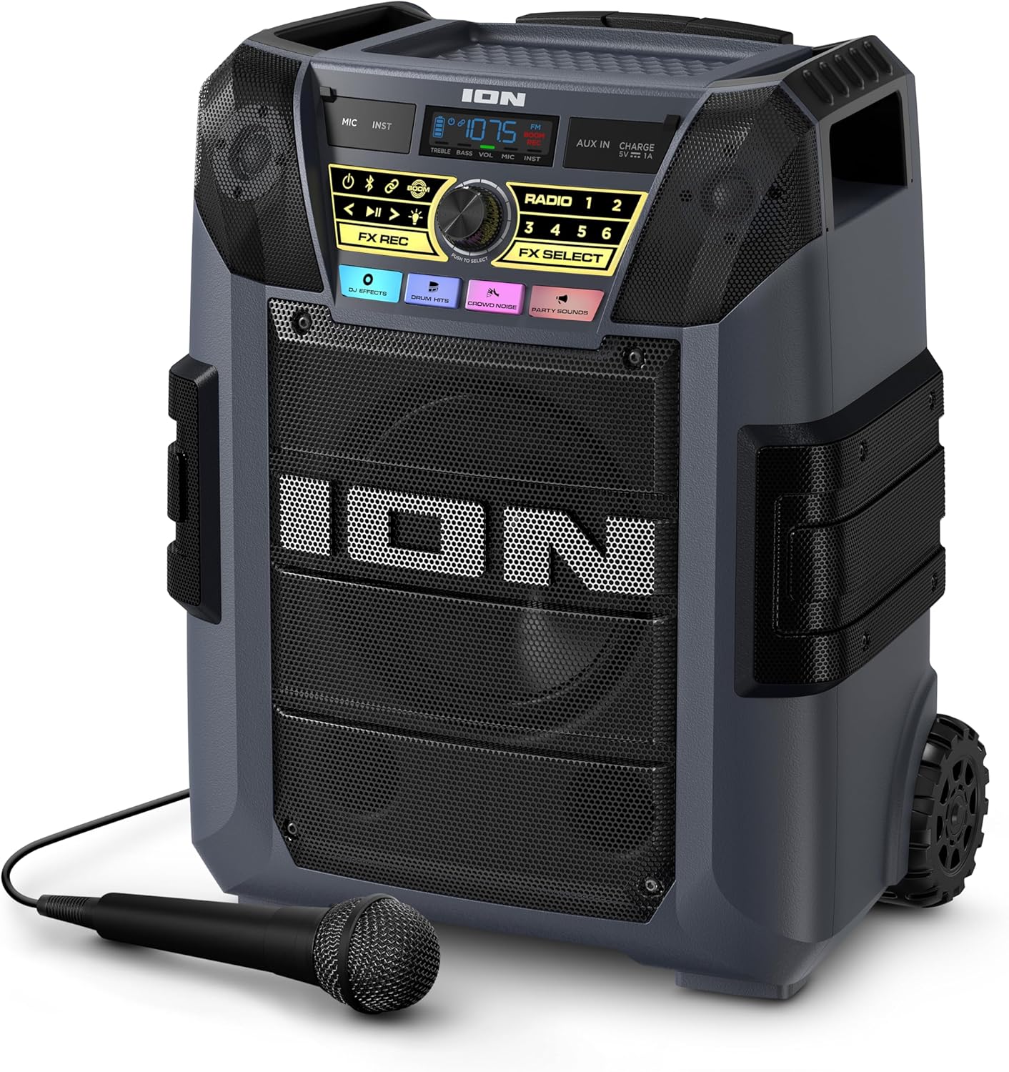 ION Block Rocker XL - Portable Bluetooth Outdoor Party Speaker, 220W, with Karaoke Microphone, Battery, 5 Speakers, Lights, Radio, USB Charging & App