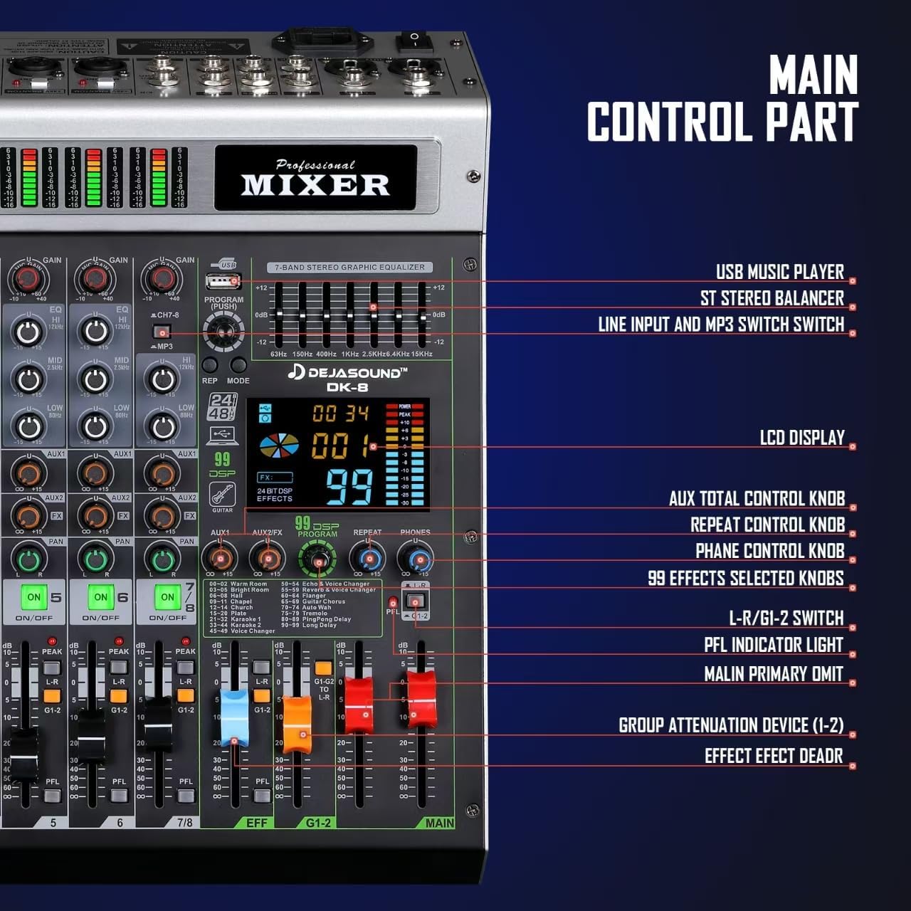 8-Channel Professional Audio Mixer, DK-8 Mixing Console with XLR Inputs, Bluetooth, 99 DSP Effects, MP3, USB Interface for Podcast, Music, Recording, PC 14.76