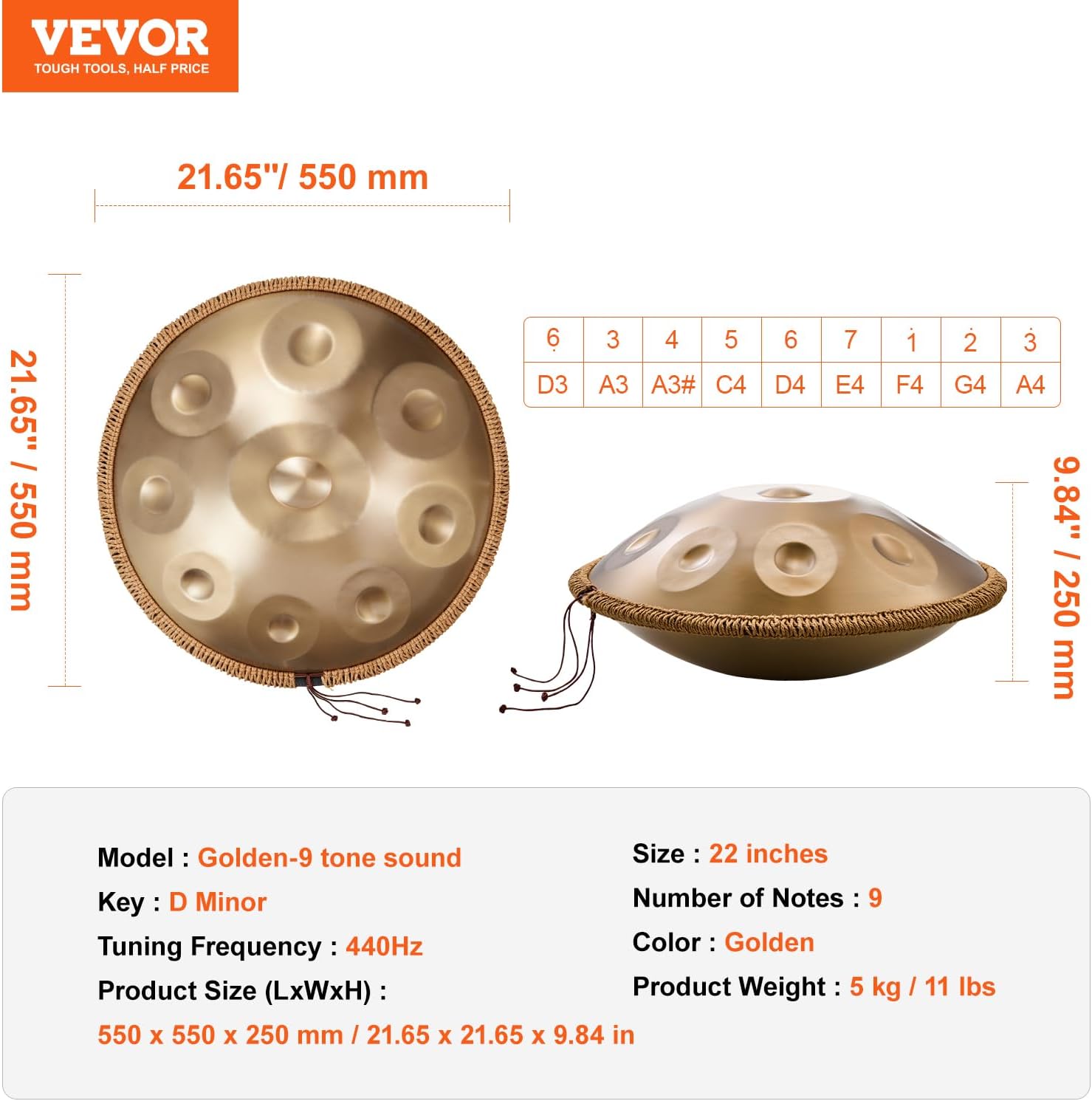 VEVOR Golden-9 22 in & 9 Notes, D Minor, Hand Pan Mallets, 440Hz Handpan Stand & Carry Bag, Steel Healing Sound Drum, Percussion Instruments for Adults Beginners Tone