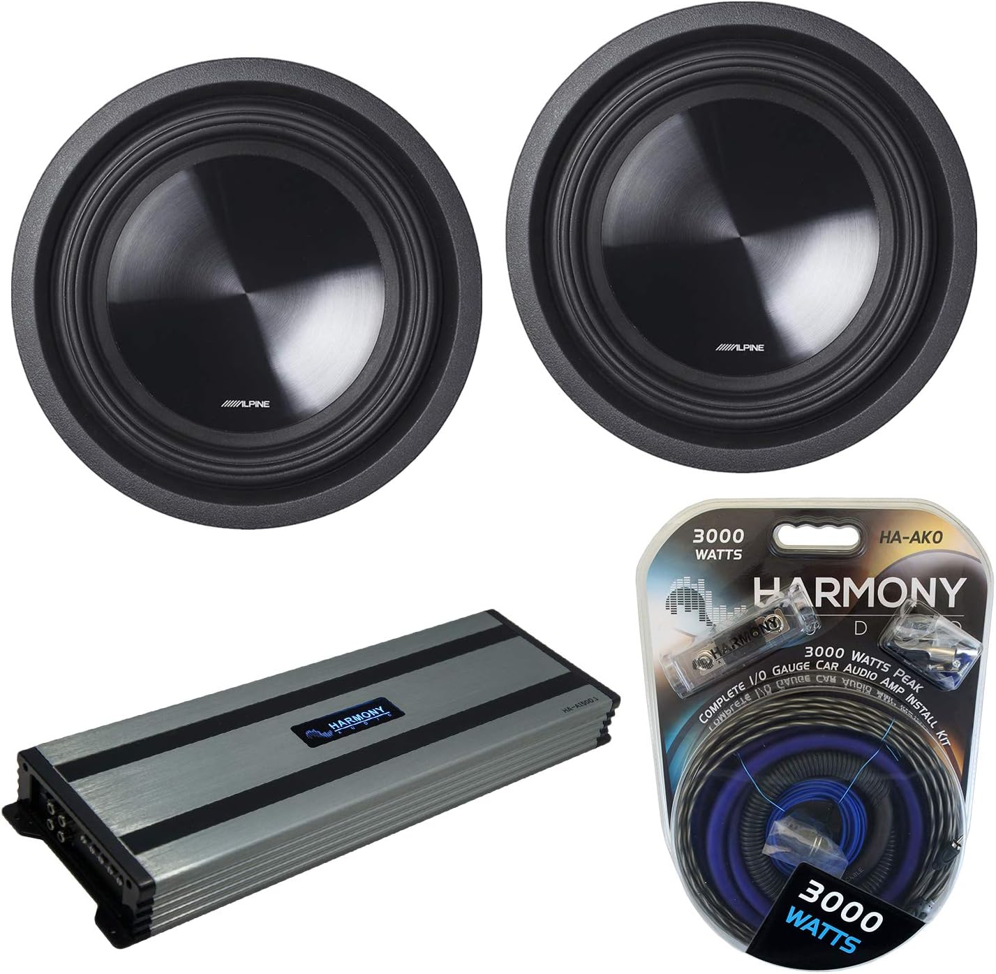 Harmony Audio Alpine (2) SWT-10S4 Car Audio SWT Series Sub 700W Shallow Subwoofer Bundle with Harmony HA-A1500.1 Amplifier & Amp Kit