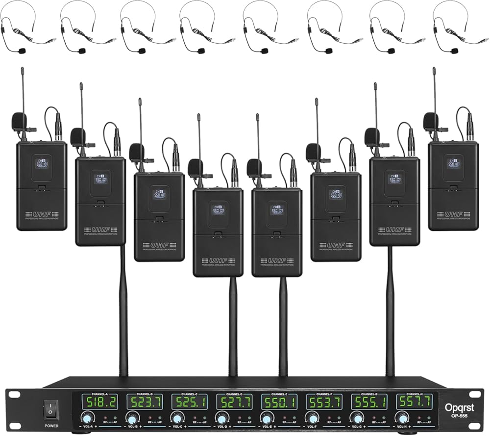 Wireless Microphone System, 8 Channel 8 Bodypack Lapel Mics, UHF 300ft Range, Fixed Frequency, Dynamic Microphones for Singing, Karaoke, Wedding, Party, Meeting, School