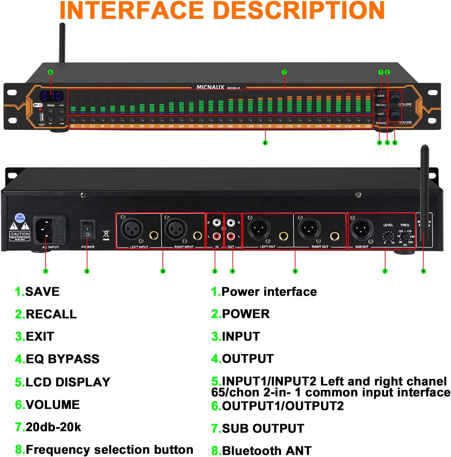 Equalizer for Home Stereo Audio System, Professional 31-Band Graphic Equalizer Rack Mount Music Digital EQ Studio Equalization with Spectrum Analyzer Display & Noise Reduction