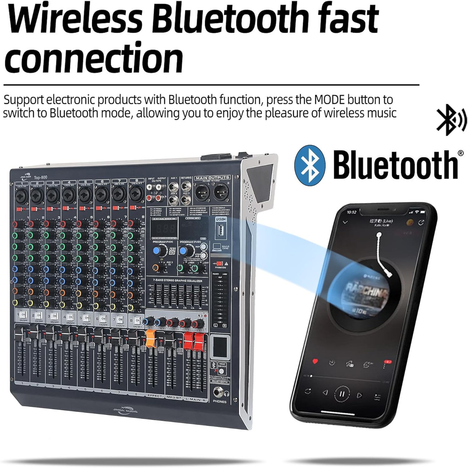 Audio Mixer 8 Channel, DJ Mixer Board with Bluetooth and Usb, Audio Sound Card with Interface Recording and 48V Phantom Power, Sounds Mixer with 256 DSP FX Reverb Delay Effect for Streaming
