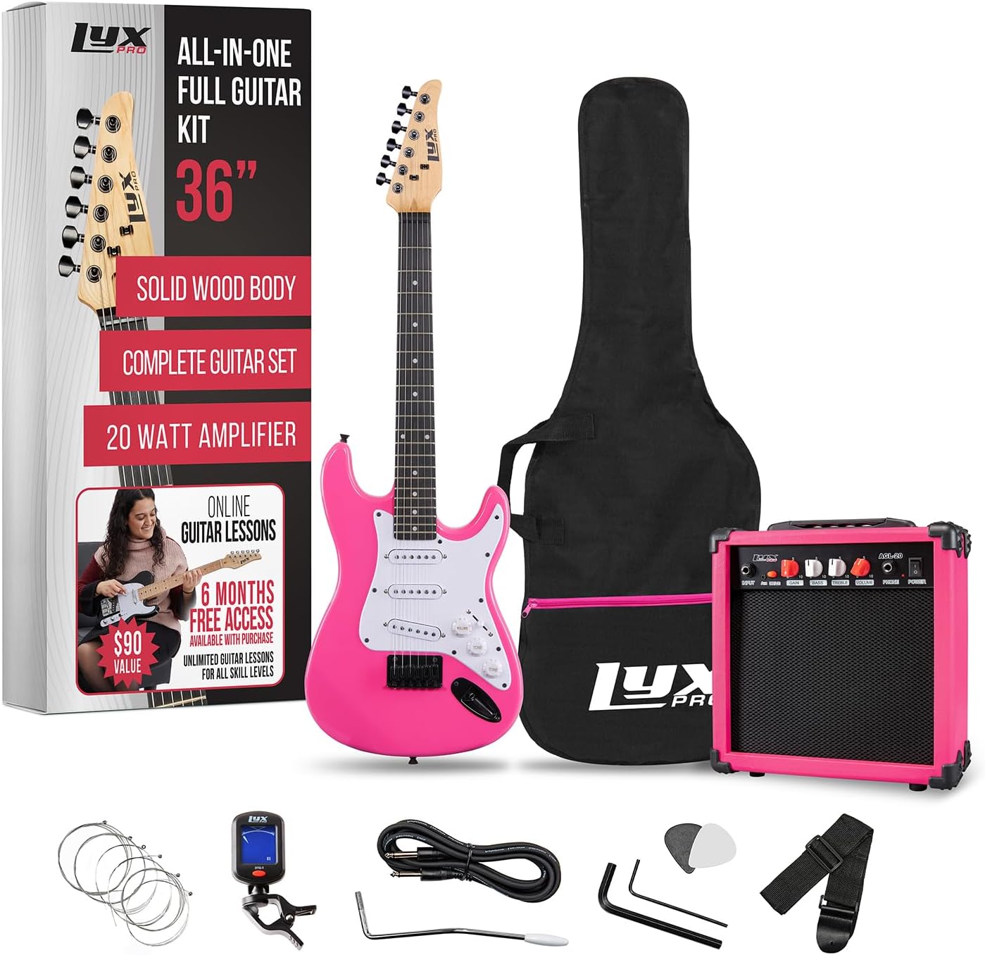 LyxPro 36 Inch Electric Guitar and Kit for Kids with 3/4 Size Beginner’s Guitar, Amp, Six Strings, Two Picks, Shoulder Strap, Digital Clip On Tuner, Cable and Soft Case Gig Bag -Pink