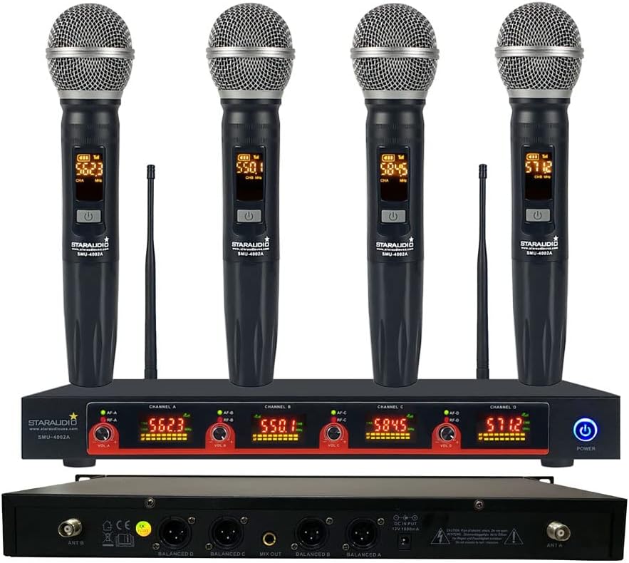 Church UHF Wireless Microphone Reciver System 4 Channel Handheld Karaoke Microphones Audio Studio Church Mic UHF Cordless Dynamic Mic SMU-4002A