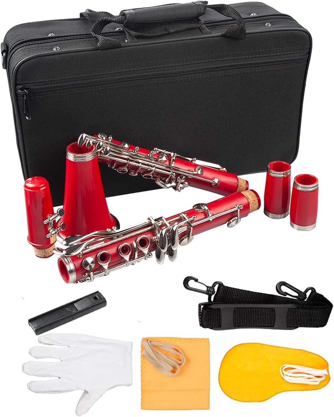 Clarinet Set Red ABS Clarinet Bb Cupronickel Nickel Plated 17 Keys with Cleaning Cloth Gloves Woodwind Instrument Professional Clarinet