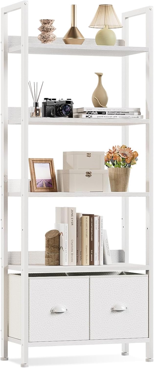 Furologee 5 Tier Bookshelf with Drawers, White Tall Bookcase with Shelves, Wood and Metal Bookshelves Storage Organizer, Modern Display Free Standing Shelf Unit for Bedroom, Living Room, Office