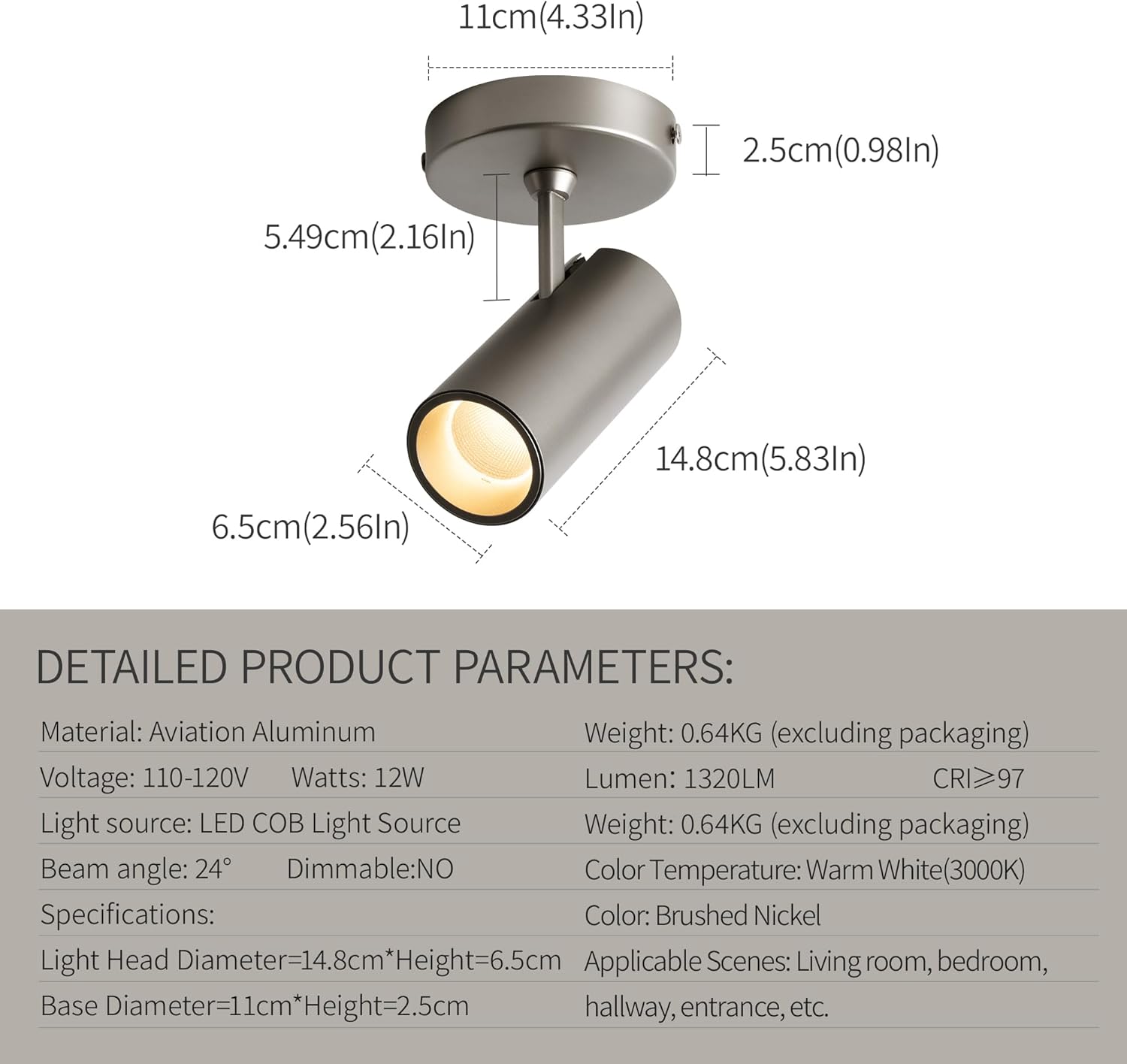 Spotlight Dimmable Ceiling Spot Lights Indoor LED Art Light 12W Accent Lighting for Home Corridor Living Room Bedroom, 3000K CRI97+ Brushed Nickel Finish