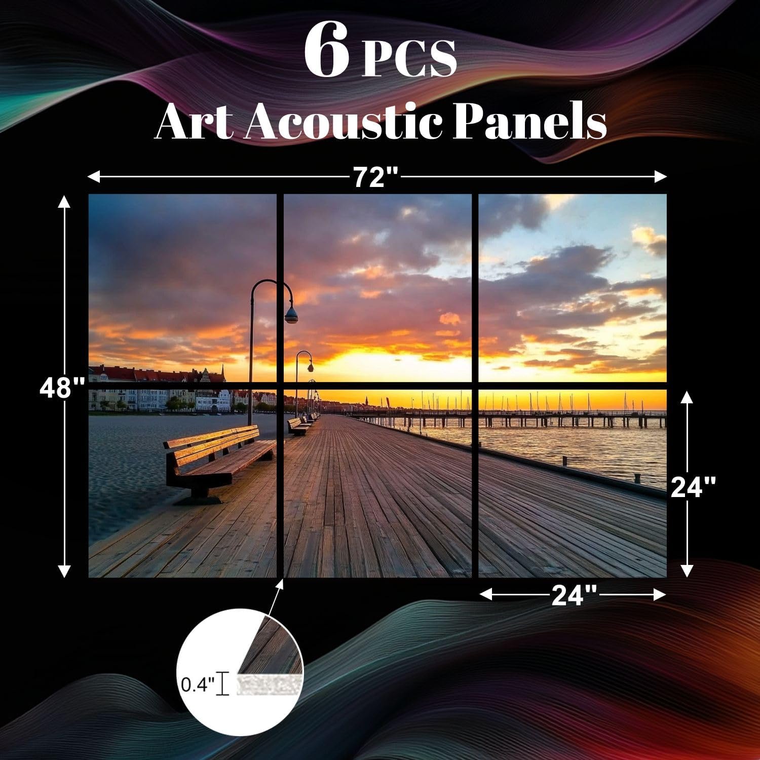6 Pack Art Acoustic Panels Beautiful sunrise wooden pier Sea Sopot Poland Sound Absorbing Panel 48