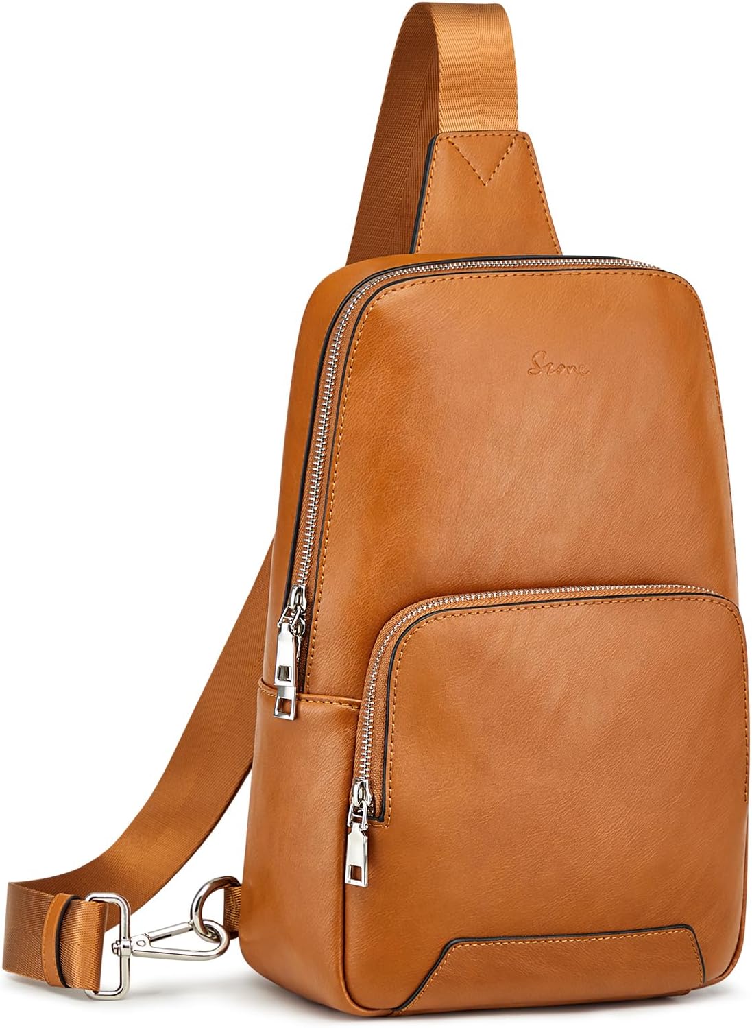 S-ZONE Sling Bag for Women Men RFID Blocking Genuine Leather Crossbody Backpack Sling Purses Fashion Travel Daypack Chest Bags Ladies-Brown