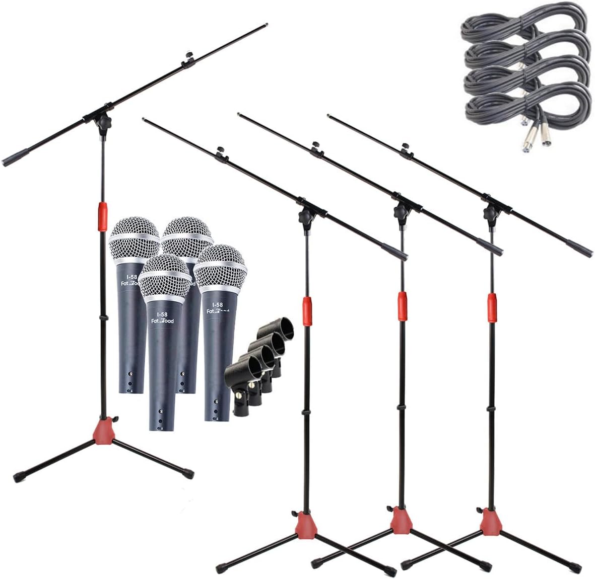GRIFFIN 4 Pack Mic Boom Stands (StageLOCK Series) with Cardioid Microphones, 20ft XLR Cables & Clips – Telescoping Arms for Studio, Live DJ