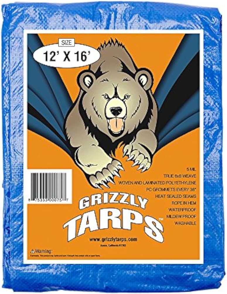 Grizzly Tarps by B-Air 12' x 16' Large Multi-Purpose Waterproof Heavy Duty Poly Tarp with Grommets Every 36