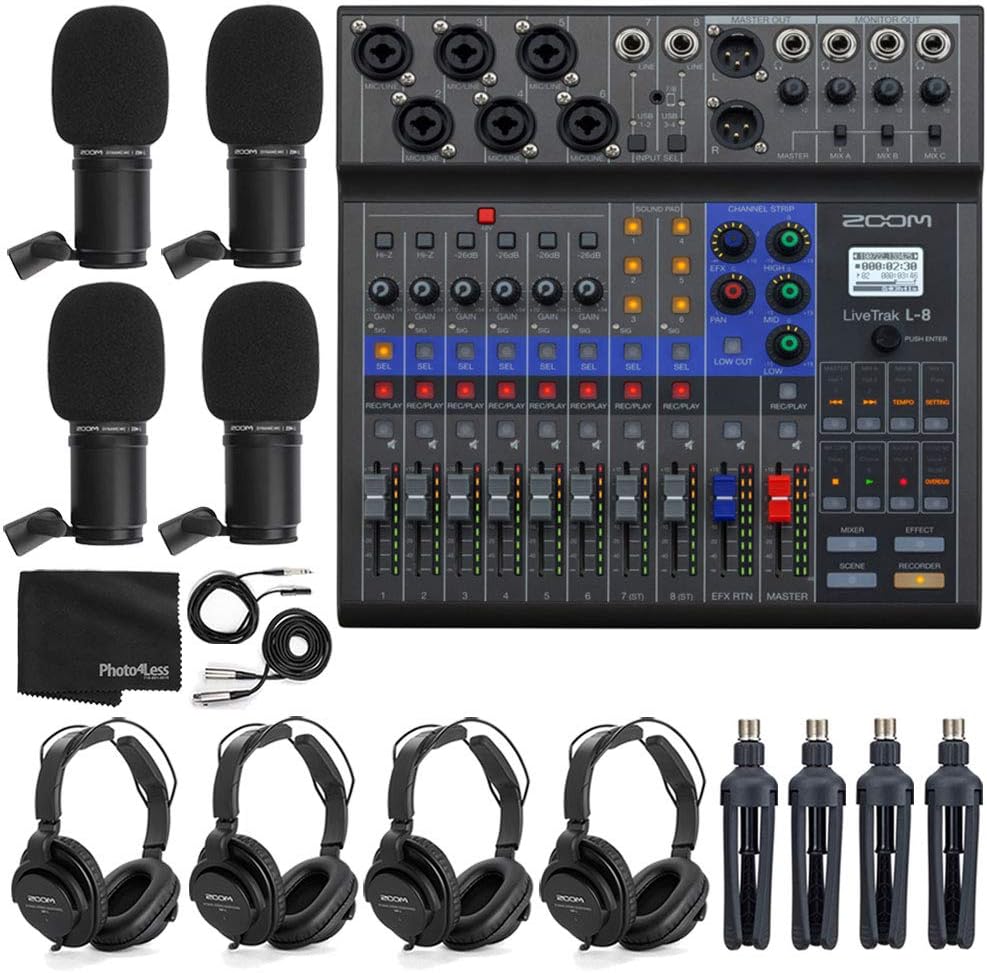 Zoom LiveTrak L-8 Portable 8-Channel Digital Mixer and Multitrack Recorder Bundle with 4x Zoom ZDM-1 Mic with Headphones, Windscreens and Stands + Cleaning Cloth – 4 Person Podcasting Bundle