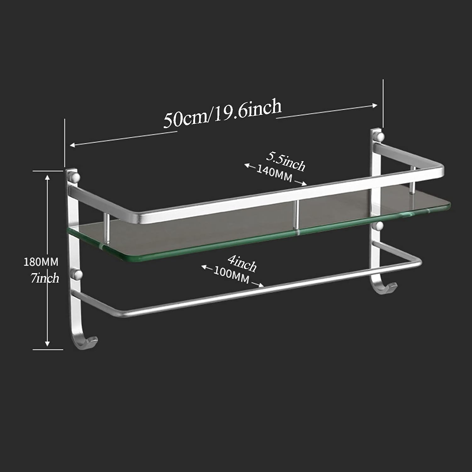 Shower Shelves,Corner Shower Caddy, Wall Mount Space Aluminum Tempered Glass Rack, Shower Caddy Shelf with Hooks and Towel Rack, Silver (Size : 60cm/23.6in) ( Size : 40cm/15.7 ( Size : 50cm/19.6in )