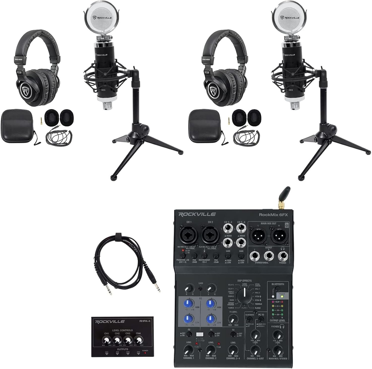 Rockville ROCKMIX 6FX Bundle: 6 Channel Mixer USB Recording Interface with Effects, (2) RCM03 Microphones, (2) PRO-M50 Headphones, (2) RDTS Stands, RHPA4 Amp, RCTR106B Cable, 9-items