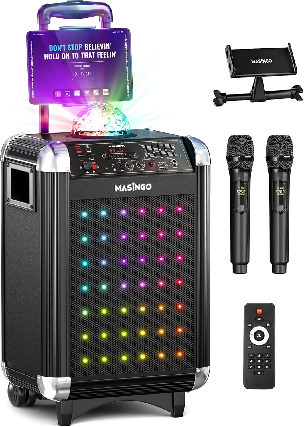 MASINGO Karaoke Machine for Adults and Kids with 2 Bluetooth Wireless Microphones. Portable Singing PA Speaker System with Disco Ball Lights, Lyrics Display Tablet Holder & TV Cable. Soprano X1 2.0
