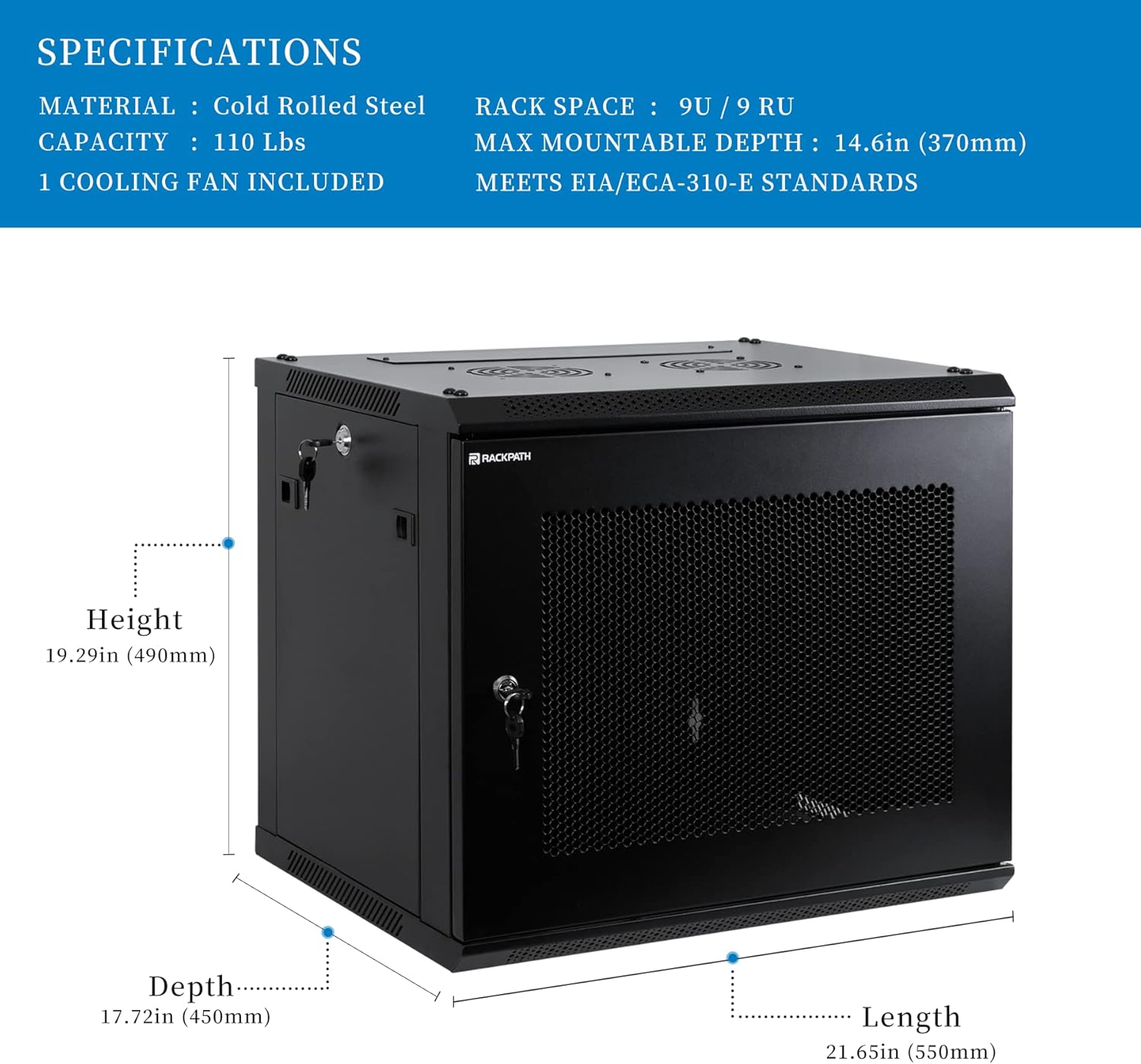 RackPath 9U Wall Mount Server Cabinet Network Rack Enclosure, Quiet Cooling Fan, Perforated Door, Black