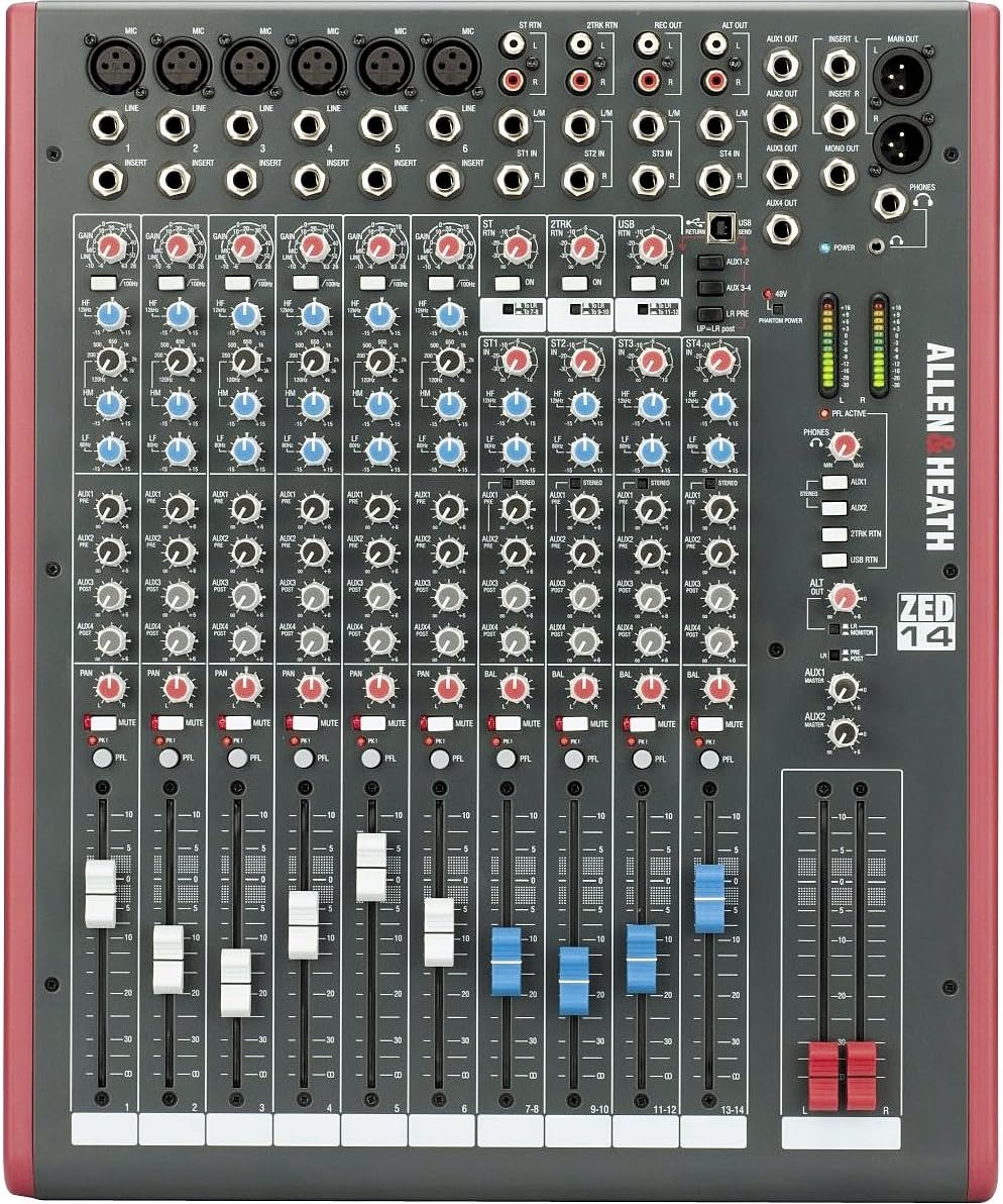Allen & Heath ZED-14 - 14-Channel Touring Quality Mixer with USB I/O (AH-ZED-14),Grey/Red