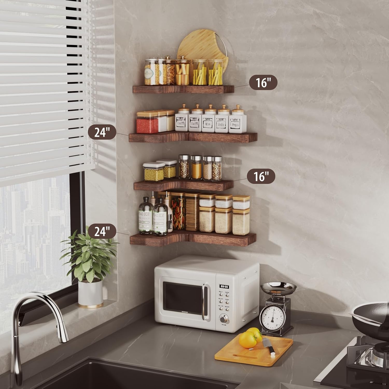 SAUMONIERES Corner Floating Shelves 24 Inch Wall Mount Shelf Solid Wood for Bedroom Bathroom Kitchen Storage Set of 2, Rustic Brown