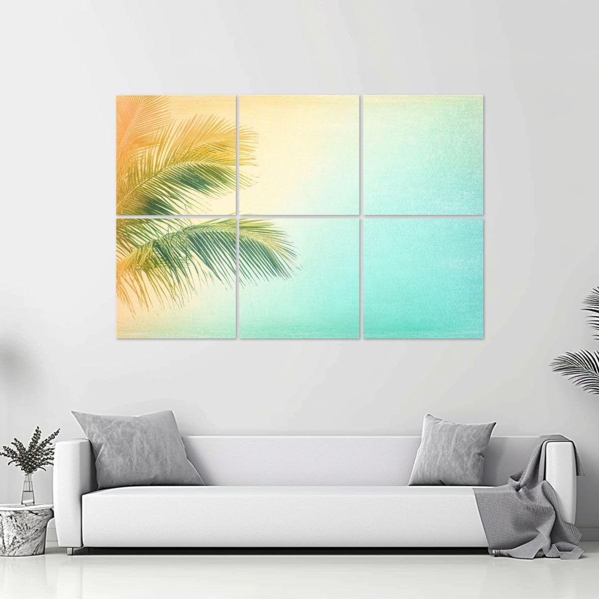 6 Pack Art Acoustic Panels Palm Leaf Tree Sunlight Clear Sky Grunge Abstract Orange Yellow Teal Sound Absorbing Panel 48