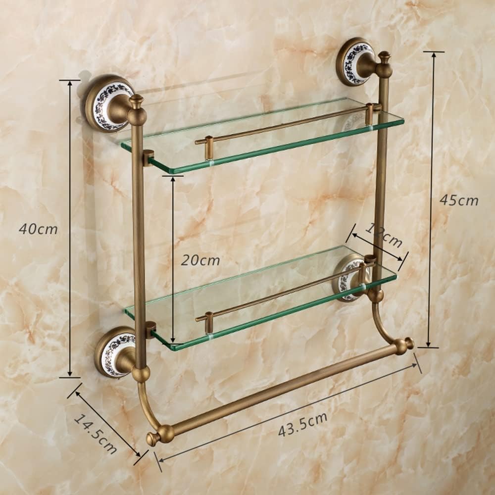 Shower Caddy Bathroom Glass Shelf 2 Tier, Coming with Towel Bar, Shower Caddy Bath Basket, Wall Mount, Antique Brass, Bronze Finish Bathroom Organizer