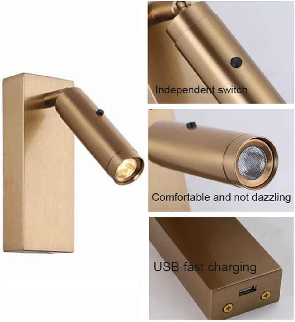 LED Wall Light Sconce Set of 2,Wall Mounted Lamp Headboard Reading Light with USB Charging Port, for Indoor Decor Bedroom LIiving Room Vanity Light Fixture Lámpara de Pared (Color : Copper)