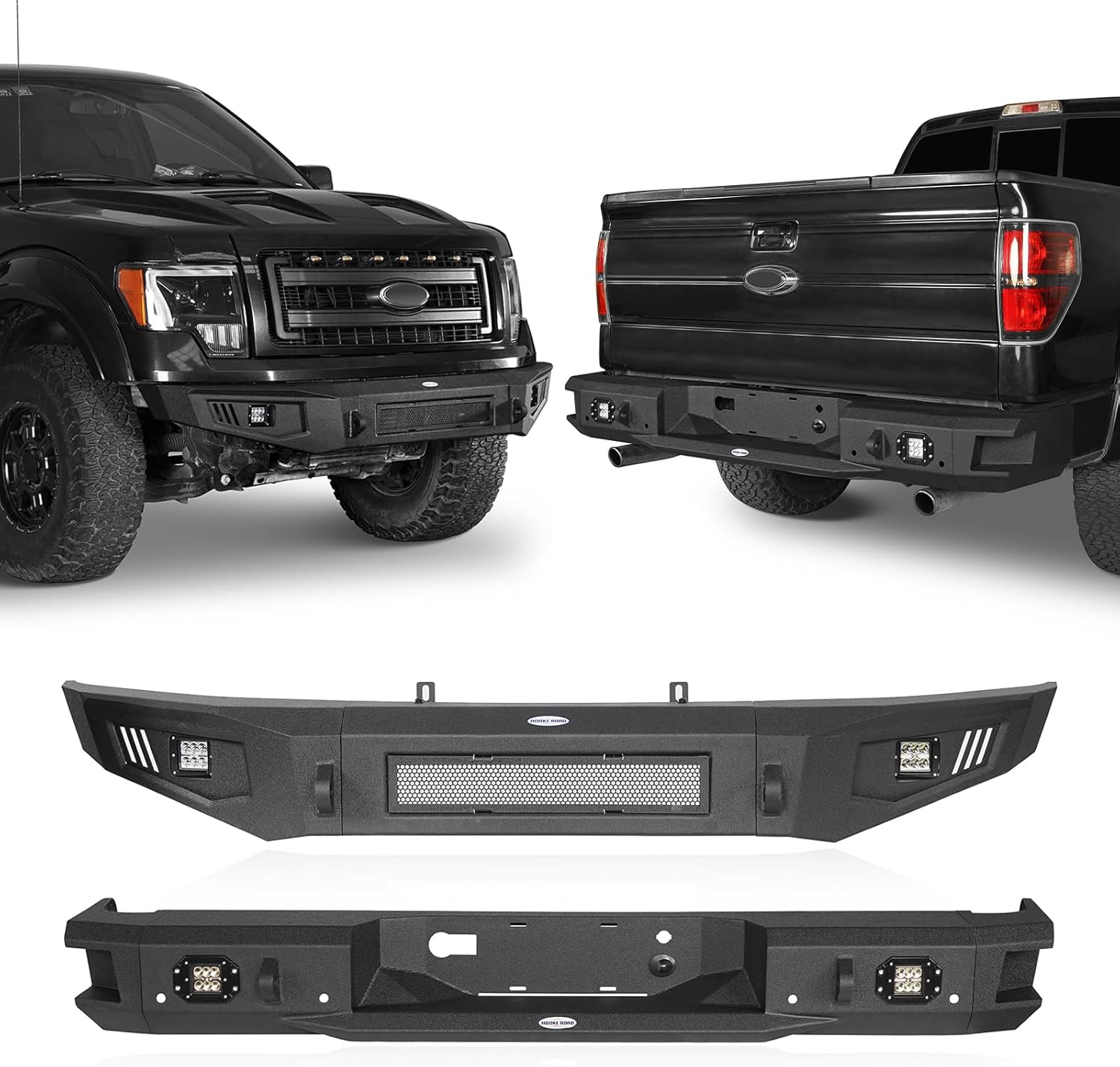 Hooke Road F150 Front and Rear Bumper for Ford F-150 2009 2010 2011 2012 2013 2014(Excluding Raptor & Flareside), Full Width Off-road Steel Bumpers with LED Lights & D-ring Mounts