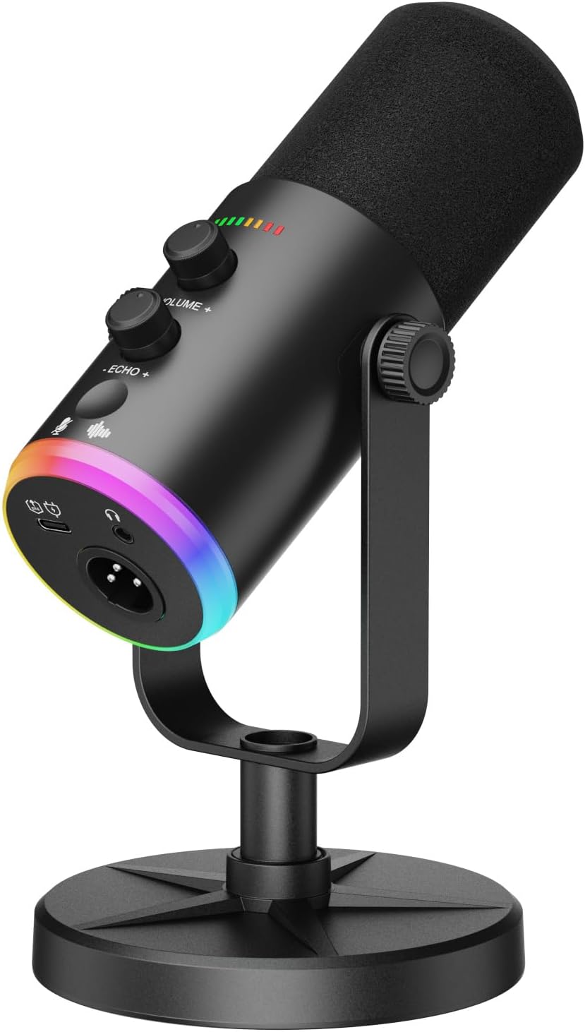 Dynamic Microphone, USB-C/XLR Podcast Recording PC Microphone for Podcast Recording Streaming Gaming with RGB Light, Mute Button, Desktop Stand, Headphones Jack, Vocal Mic for Singing Tiktok YouTube
