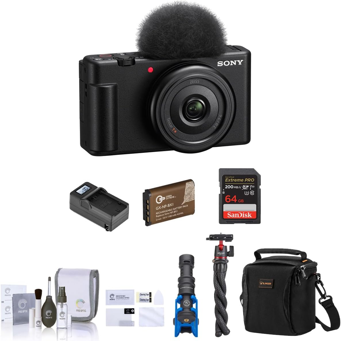 Sony ZV-1F Vlogging Camera, Black Bundle with 64GB SD Card, Shoulder Bag, Shotgun Mic, Tripod, Extra Battery, Charger, Cleaning Kit