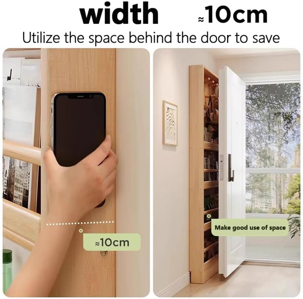 Narrow Cabinet Behind The Door, Wood Material Book Storage Bookcase Tall Slim Storage Bookshelf Space Saving Corner Open Shelf for Pantry Bedroom Living Room,40 * 10 * 178cm