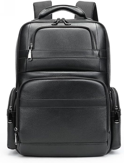 Genuine Leather Backpack with USB Charging Port Waterproof Laptop Daypack Large Rucksack for Work & School Gift Box (Black)