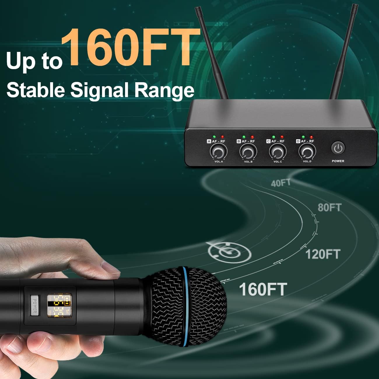 Depusheng R5 Wireless Microphone, Professional UHF Cordless Four Dynamic Mic Handheld Microphone System 1/4‘’Output for Home Karaoke, Meeting, Party, Church, DJ, Wedding, Home KTV Set