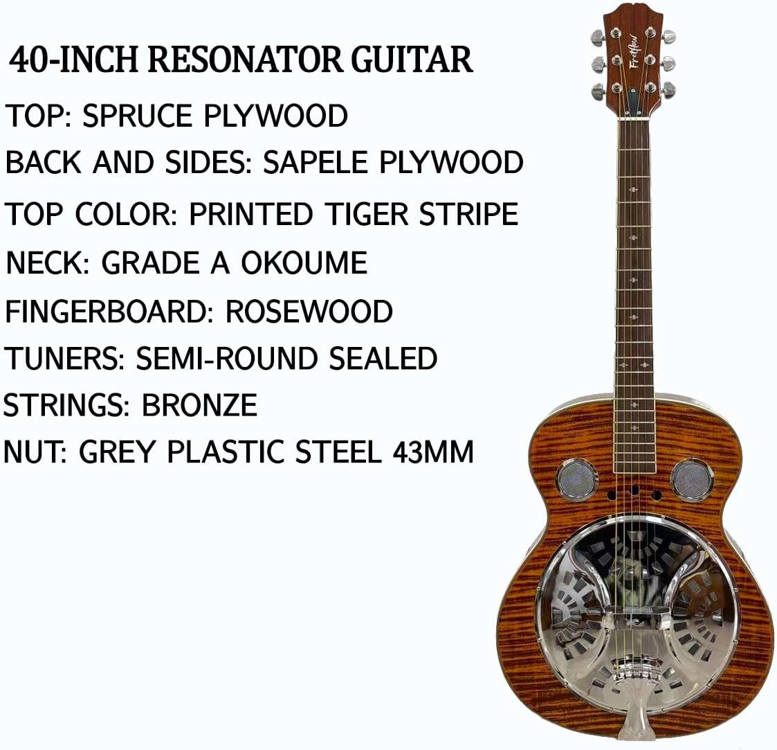 40-Inch Resonator Guitar with Spruce Top & Sapele Body - Tiger Flame Finish, Okoume Neck, Rosewood Fingerboard | Bronze Strings | Beginner guitar